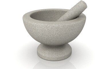 3D illustration of White porcelain mortar and pestle.