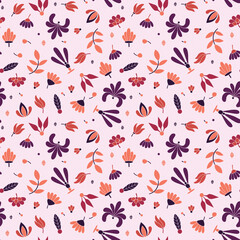 Modern colored seamless pink pattern with flowers and geometric elements. Purple, red, pink and orange colors