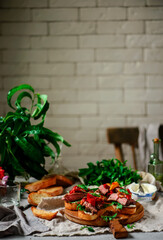 Crostini with steak  with roasted bell pepper. style rustic