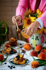 Peach pancakes...style rustic .selective focus