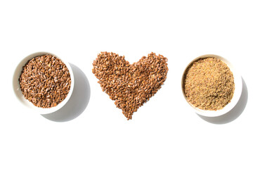 Flax seed set. Ground flax and heart. Healthy eating. White background