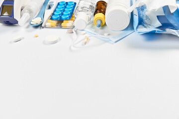 Fototapeta premium Coronavirus concept. Protective medical mask and pill capsules for treatment of COVID-19 coronavirus. Novel corona virus outbreak. Epidemic from Wuhan, China.