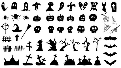 Set of silhouettes Collection Halloween on  white background. Vector illustration, halloween silhouettes icons and characters