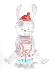 Watercolor hand painted cute little ocean lover baby bunny rabbit with paper boat. Good for media, textile, prints, t-short, kids wear, baby shower celebration greeting and invitation card. 