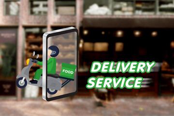 Food delivery service concept. Delivery boy riding motor bike with blur cafe background.