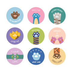 Set circle badges or frames with animals paws flat vector illustration isolated.