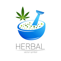 Organic vector symbol in blue and green color. Concept logo with cannabis for business. Herbal sign logotype for medicine, homeopathy, therapy and pharmacy. Emblem with mortar and pestle on white.