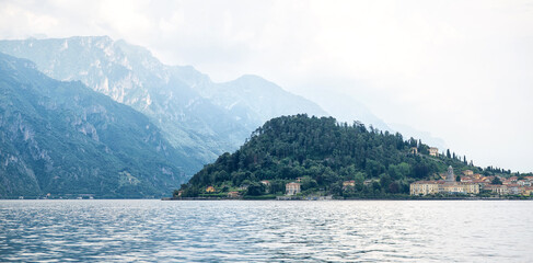 Panoramic View on Lake Como with Alps. Bellagio City Skyline.