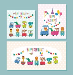 Birthday card backgrounds set with animal toy train cartoon vector illustration.