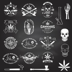 Set of medical cannabis badge, label with skull, skeleton hand, marijuana. Vector. Vintage typography logo design with cannabis, skeleton hand silhouette For weed shop, marijuana delivery