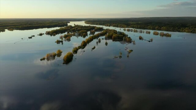 Spring. Sunset over the flooded forest. View from the drone.
