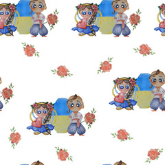 Seamless pattern. Cute watercolor illustrations. Ukrainian children. a boy with a rose and a girl with a heart. National clothes and country flag on a white background. Folk collorite. illustration