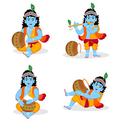 Set of lord krishna different posses character Illustration, happy Krishna janmashtami birthday of lord krishna, festival of india. Lord krishna playing bansuri and eating curd.