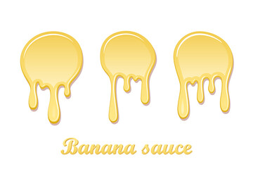 Banana sauce drip jam 3D set. Sweet milk cream, splash drops isolated white background. Tropical fruit splashing. Realistic syrup design. Jelly drop dessert. Berry sauce dripping. Vector illustration