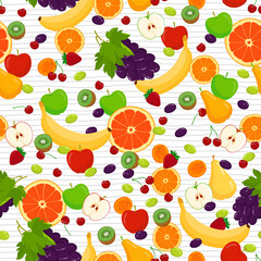 Fruit seamless pattern. Hand drawn colorful fruit on white. Stock vector endless background. 