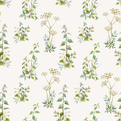 Beautiful seamless floral pattern with watercolor forest plants. Stock illustration.