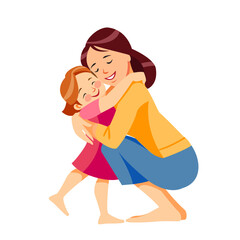 Mother and child. Mom hugging her daughter with a lot of love and tenderness. Mother's day, holiday concept. Cartoon flat isolated vector design
