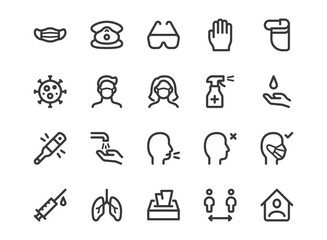 Coronavirus prevention line icon. Minimal vector illustration with simple outline icons as surgical face mask, gloves, PPE, wash hands, corona virus, social distance. Editable Stroke. Pixel Perfect