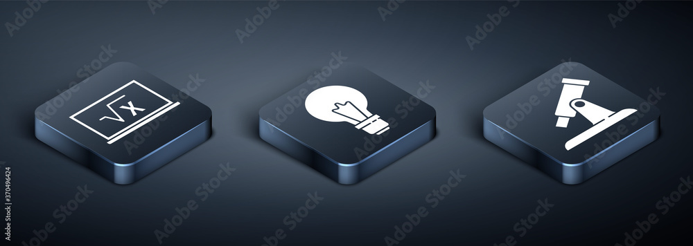 Poster set isometric square root of x glyph, telescope and light bulb with concept of idea icon. vector.