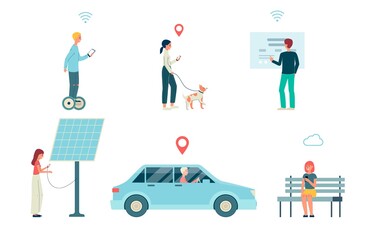 Set of people using smartphone in city, flat vector illustration isolated.