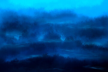 abstract blue background as deep forest with mist or smoke at the midnight