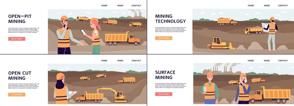 Mining industry and quarrying banner set with open pit, flat vector illustration.