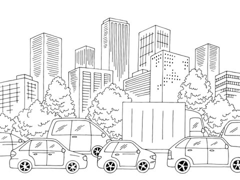 Traffic jam street road graphic black white city landscape sketch illustration vector