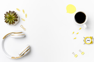 Top view stationery arrangement with headset mockup
