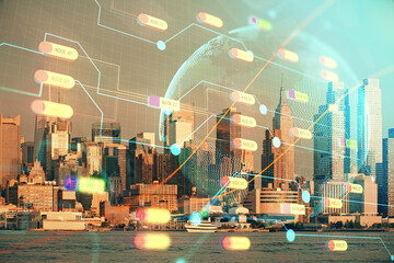 Map and data theme hologram on city view with skyscrapers background double exposure. International...