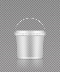 Empty transparent bucket with handle mockup for ice cream, yoghurt, mayo, paint, or putty. Plastic package design. Blank food or decor product container template. 3d vector illustration © Kusandra