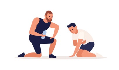 Trainer making support to tired man during training at gym vector flat illustration. Male coach suggest water to client after intense workout isolated. Personal fitness instructor and sportsman