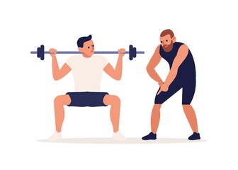 Fototapeta na wymiar Coach training male client making squat with barbell vector flat illustration. Athletic personal trainer and man performing physical exercise at gym isolated on white. Muscle pumping or bodybuilding