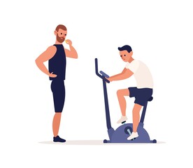 Fototapeta na wymiar Muscular male trainer blow a whistle to start cardio training of client vector flat illustration. Man spinning pedals on exercise bike isolated on white. Coach helping or making support at workout