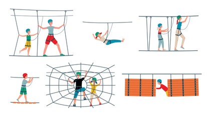 Rope park set with equipment and characters, flat vector illustration isolated.