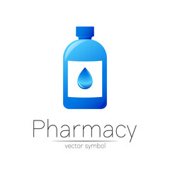Pharmacy vector symbol with blue bottle and drop for pharmacist, pharma store, doctor and medicine. Modern design vector logo on white background. Pharmaceutical icon logotype . Human Health