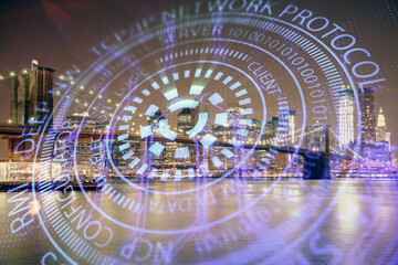 Data theme hologram drawing on city view with skyscrapers background multi exposure. Ai concept.