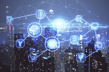 Multi exposure of social network theme drawing and cityscape background. Concept of people connecton.