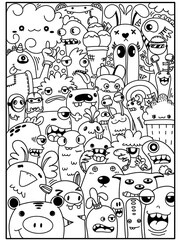 Hand- drawm illustrations, monsters doodle, Cartoon crownd doodle handdrawn pattern, Doodle style.