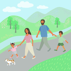 Family with kids and dog walking outdoor.Veator illustration in flat cartoon style