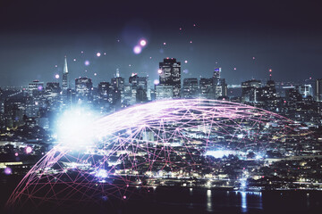 Multi exposure of social network theme drawing and cityscape background. Concept of people connecton.