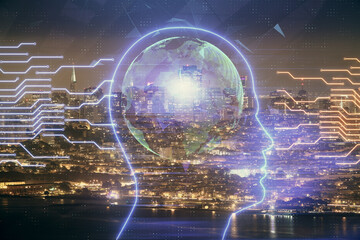 Brain hologram drawing on city scape background Double exposure. Brainstorming concept.