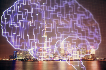 Brain hologram drawing on city scape background Double exposure. Brainstorming concept.