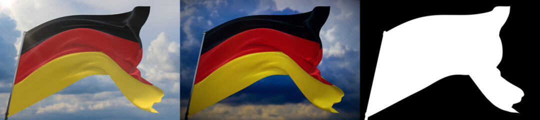 Waving flags of the world - flag of Germany. Set of 2 flags and alpha matte image. Very high quality mask without unwanted edge. High resolution for professional composition. 3D illustration.