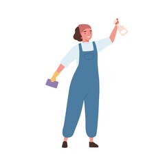 Janitor woman maid in office cleaning service uniform, coveralls, holding detergent bottle, sprinkler, sponge. Housekeeping staff. Flat vector cartoon illustration isolated on white background