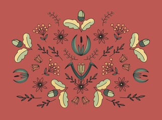 Background with floral ornament with twigs and herbs.