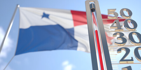 Thermometer shows high air temperature against blurred flag of Panama. Hot weather forecast related 3D rendering