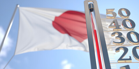 Thermometer shows high air temperature against blurred flag of Japan. Hot weather forecast related 3D rendering