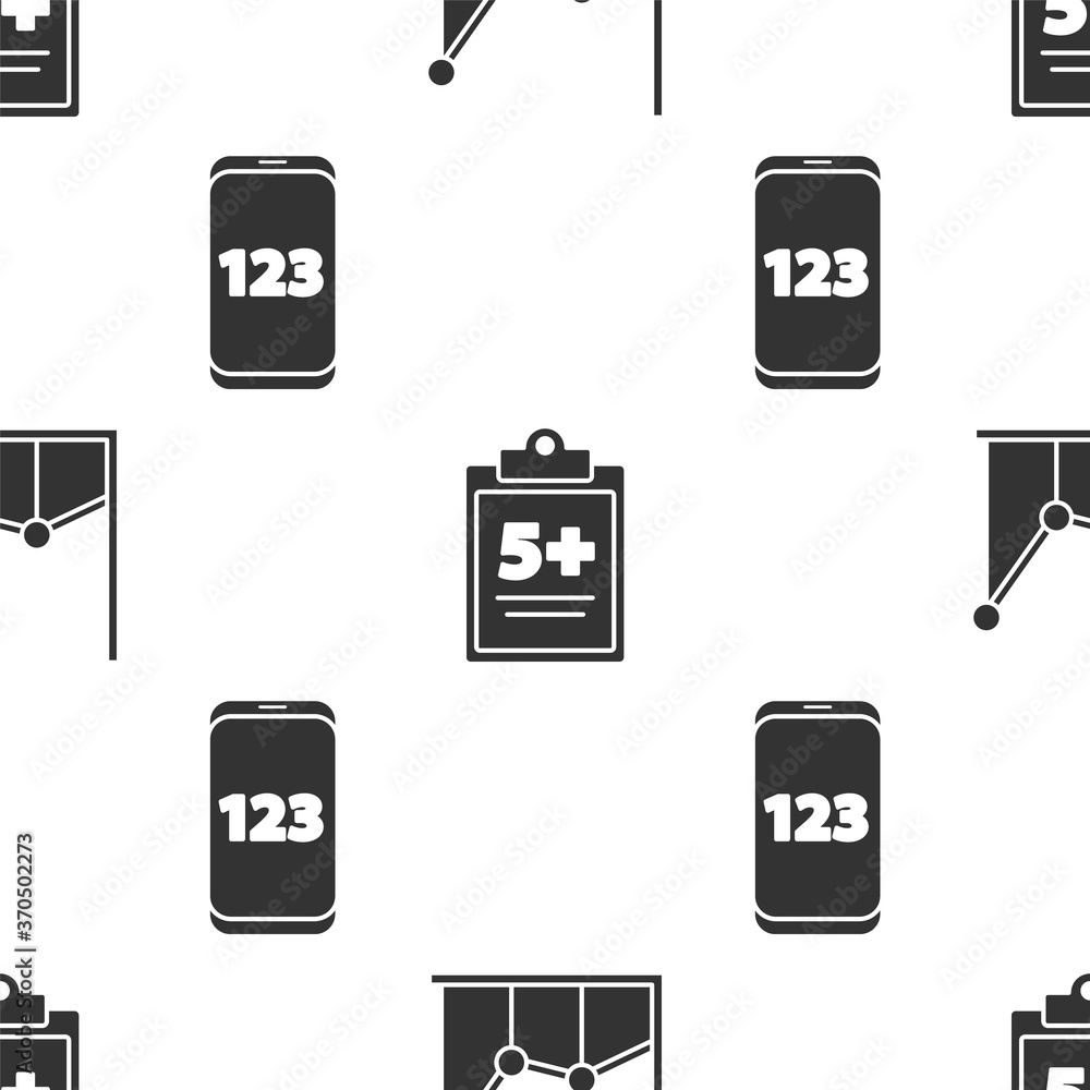 Poster set graph, schedule, chart, diagram, test or exam sheet and mobile calculator interface on seamless 
