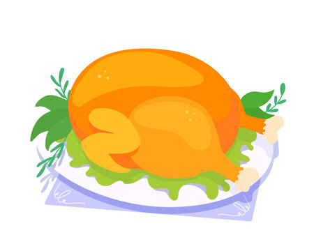 A roasted turkey, a whole baked chicken on a white plate. Traditional Thanksgiving dinner meal. A vector cartoon illustration isolated on a white background. 