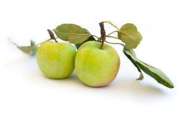 green apples with leaves on white background